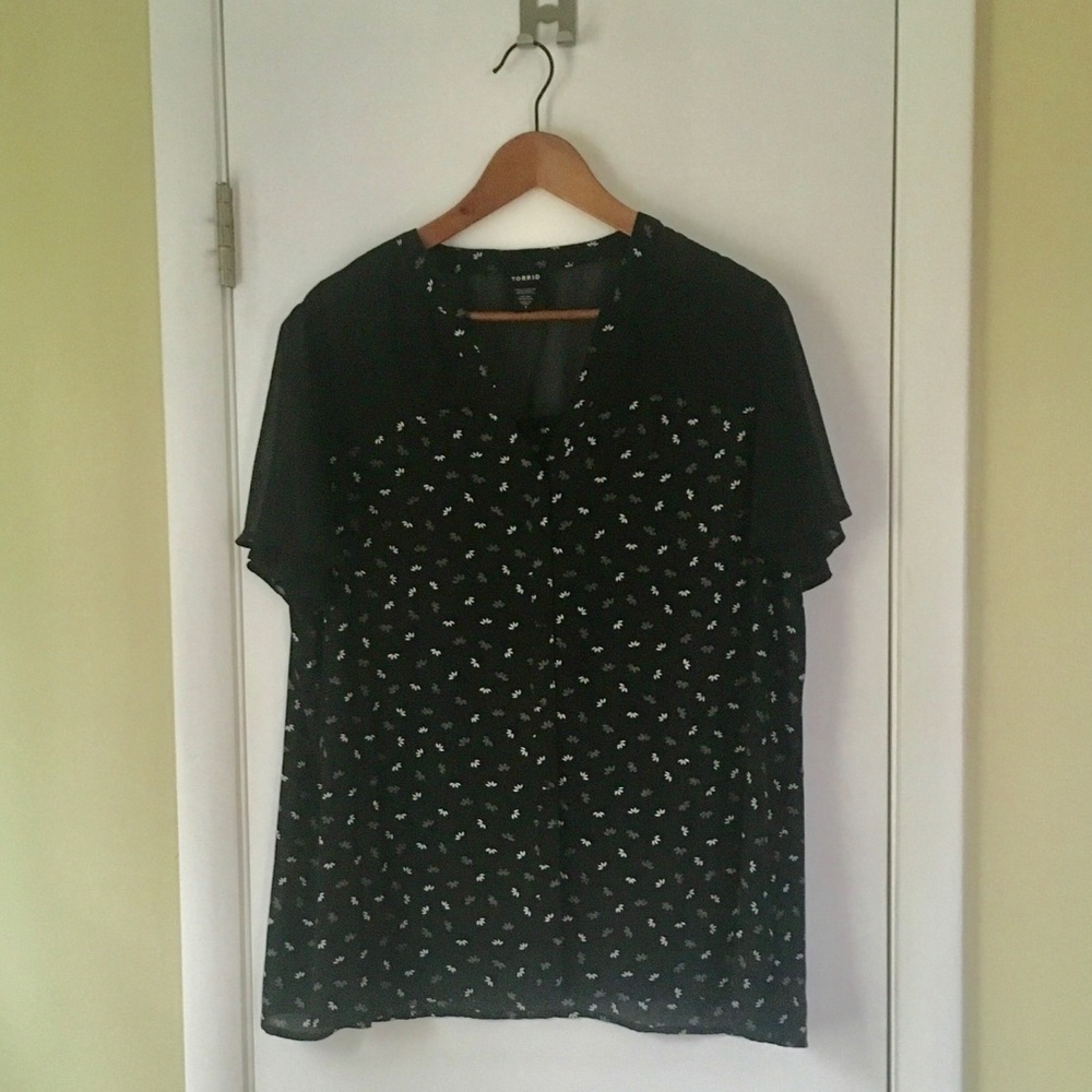 Torrid Black Button Top with Sheer Shoulders
